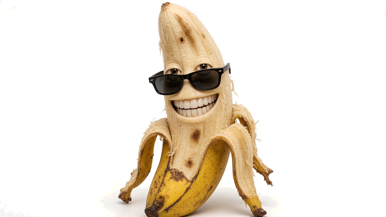 a perfectly ordinary banana in sunglasses, smiling a little too well