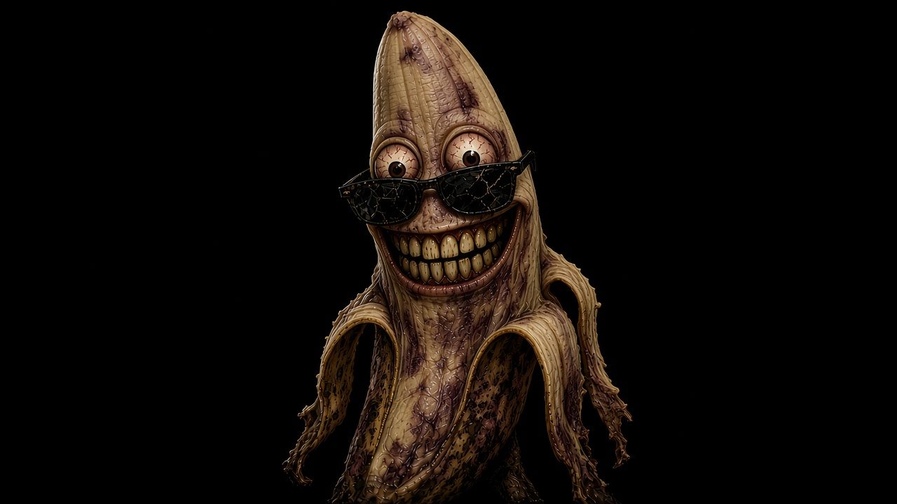 a rotting banana in cracked sunglasses grins at you with far too many teeth